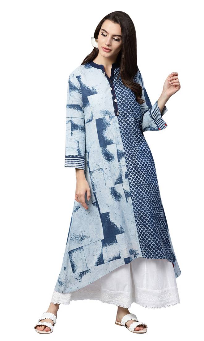 Women Blue Cotton Printed Long Kurta
