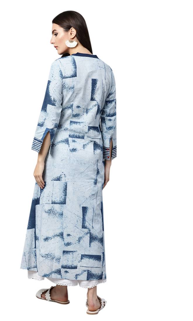 Women Blue Cotton Printed Long Kurta