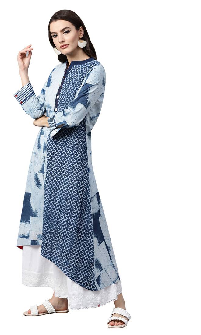 Women Blue Cotton Printed Long Kurta