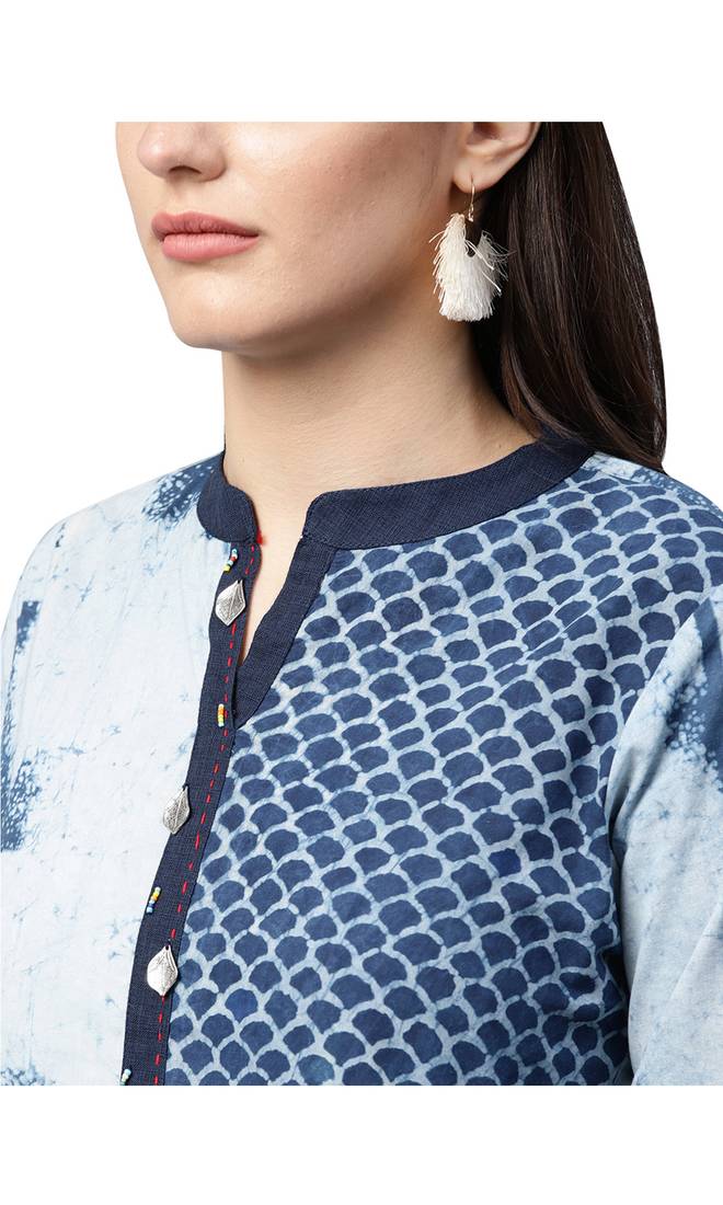 Women Blue Cotton Printed Long Kurta