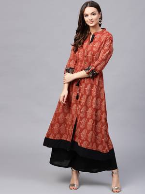 Women Red Cotton Printed Long Kurta 1