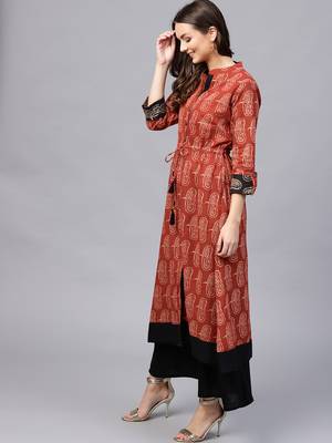 Women Red Cotton Printed Long Kurta 3