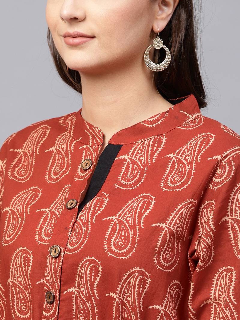 Women Red Cotton Printed Long Kurta