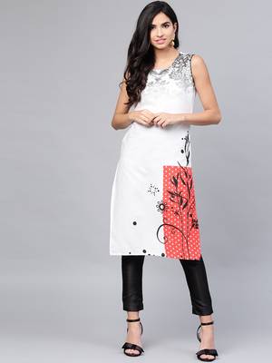 Women White Cotton Flex Printed Long Kurta 1