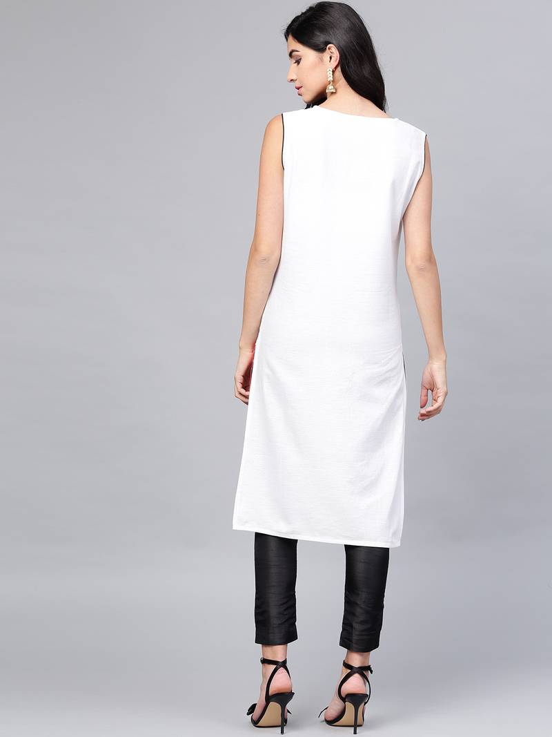 Women White Cotton Flex Printed Long Kurta