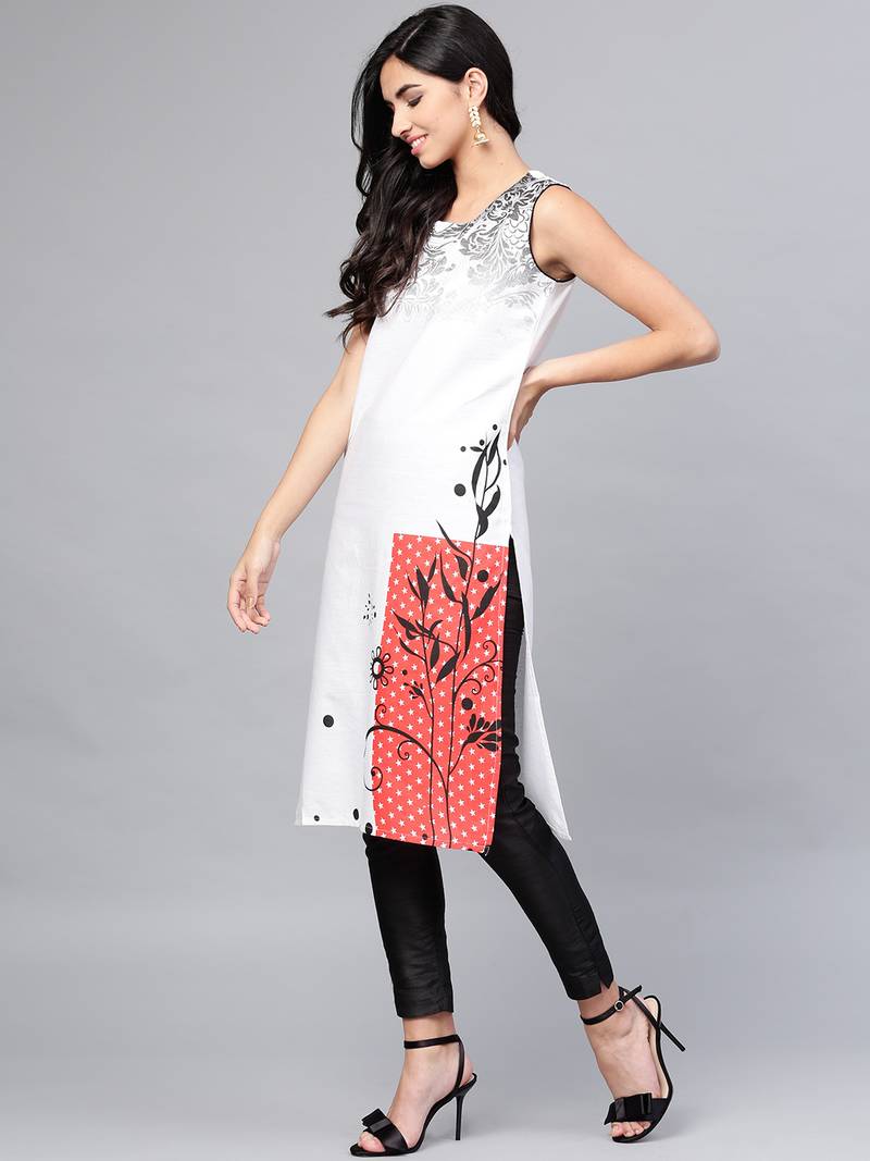 Women White Cotton Flex Printed Long Kurta