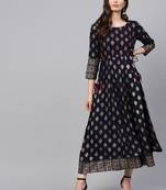 Women Navy Rayon Embroidered Long Kurta