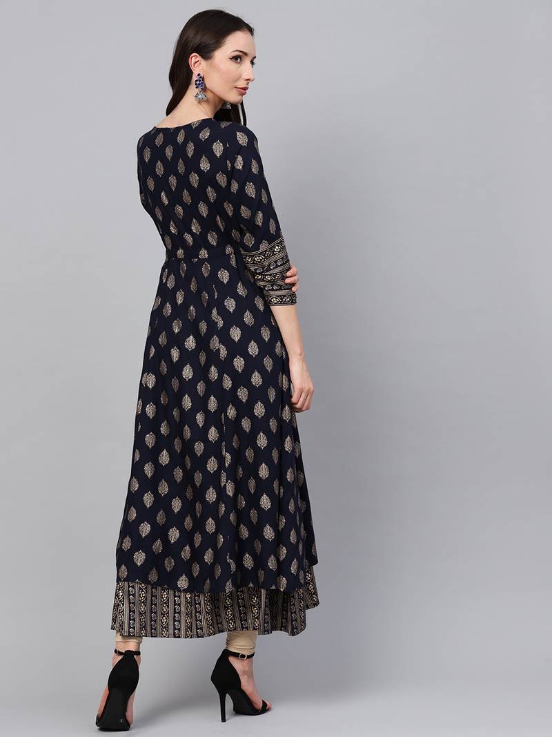 Women Navy Rayon Embroidered Long Kurta