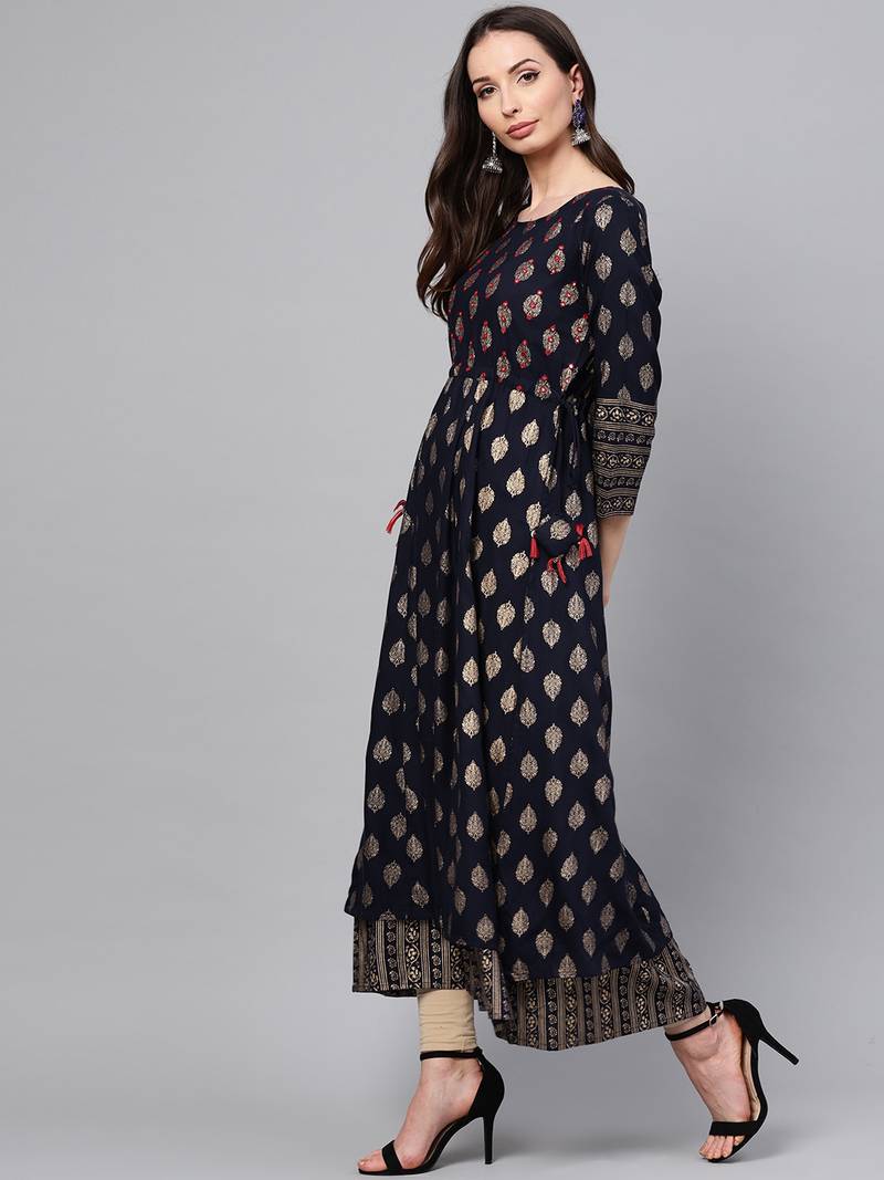 Women Navy Rayon Embroidered Long Kurta