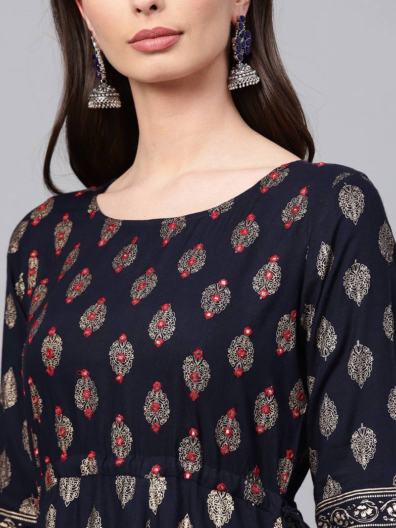 Women Navy Rayon Embroidered Long Kurta