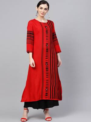 Women Red Rayon Printed Long Kurta 1