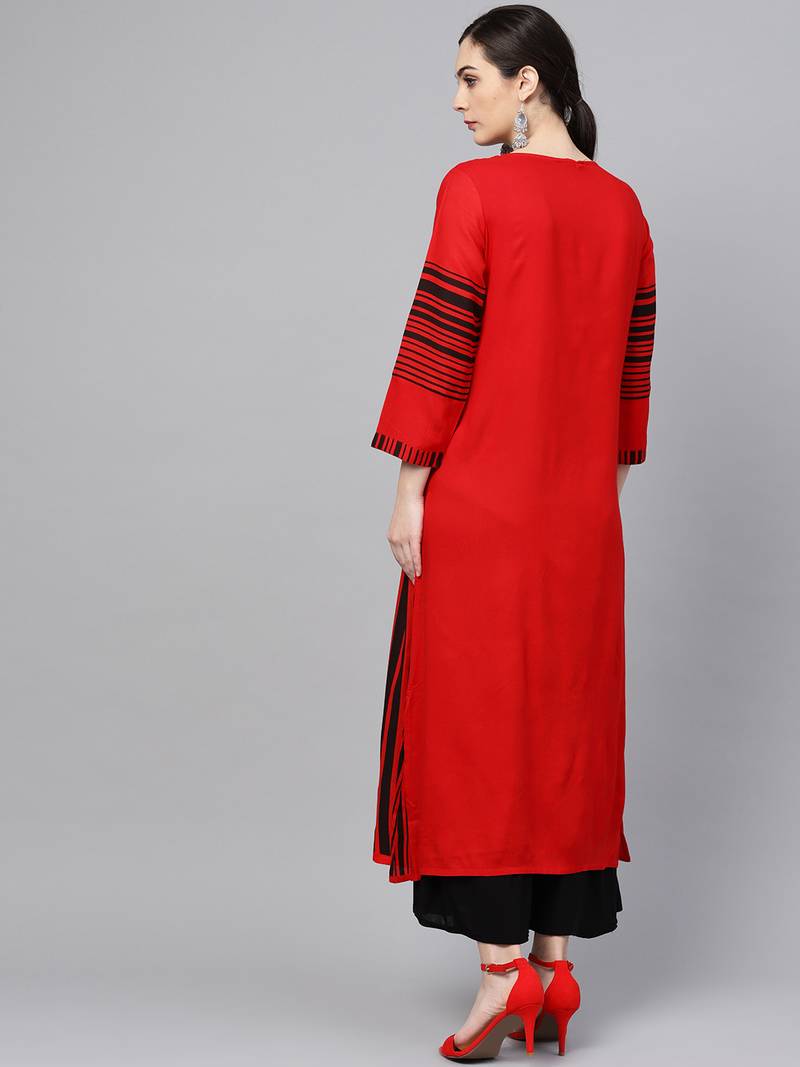 Women Red Rayon Printed Long Kurta