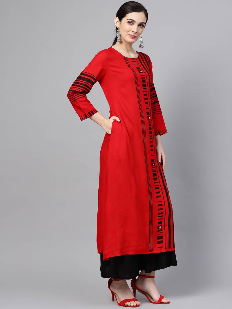 Women Red Rayon Printed Long Kurta