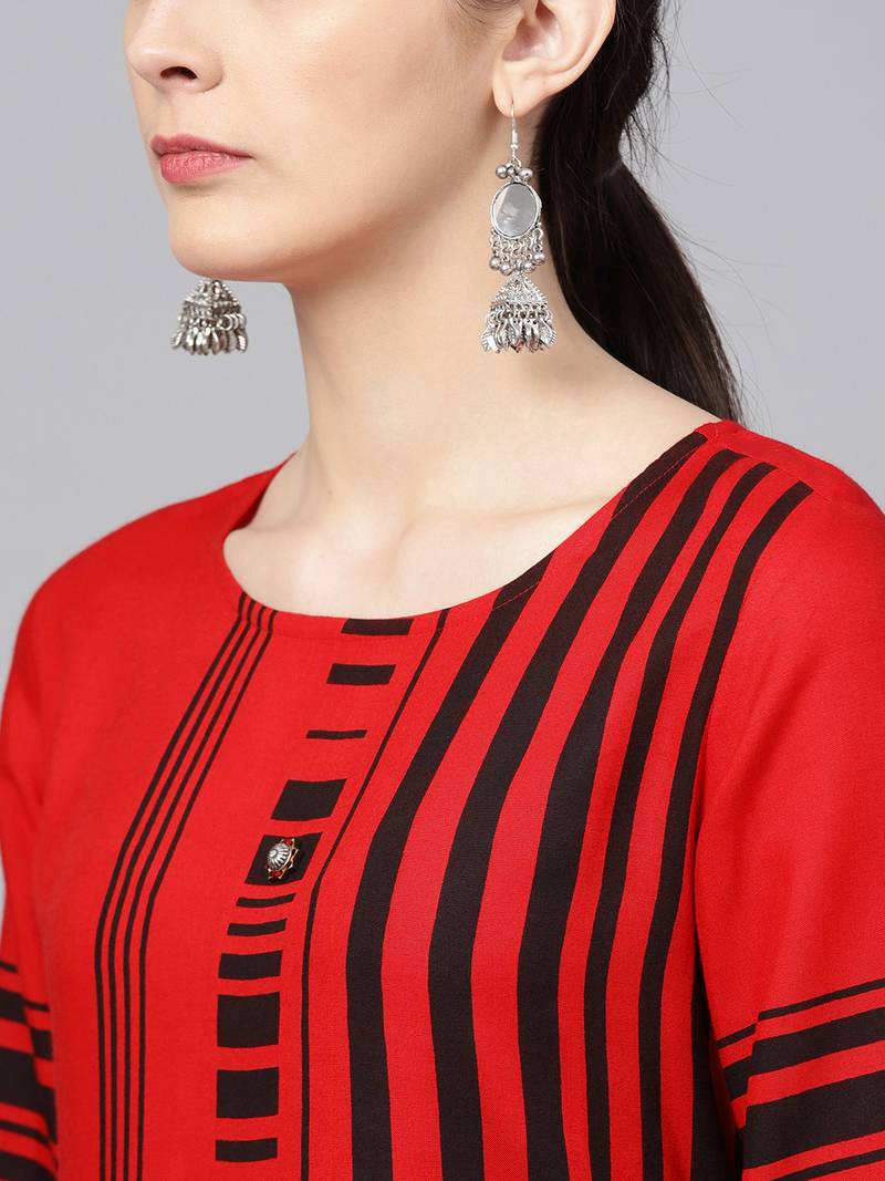 Women Red Rayon Printed Long Kurta