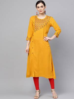 Women Mustard Rayon Slub Embroidered Long Kurta 1