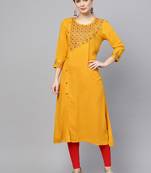 Women Mustard Rayon Slub Embroidered Long Kurta