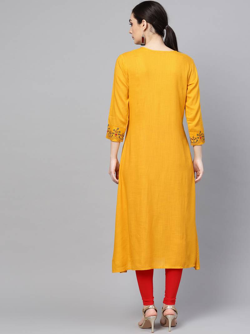 Women Mustard Rayon Slub Embroidered Long Kurta