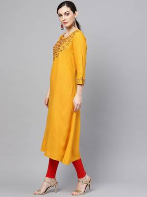 Women Mustard Rayon Slub Embroidered Long Kurta 3