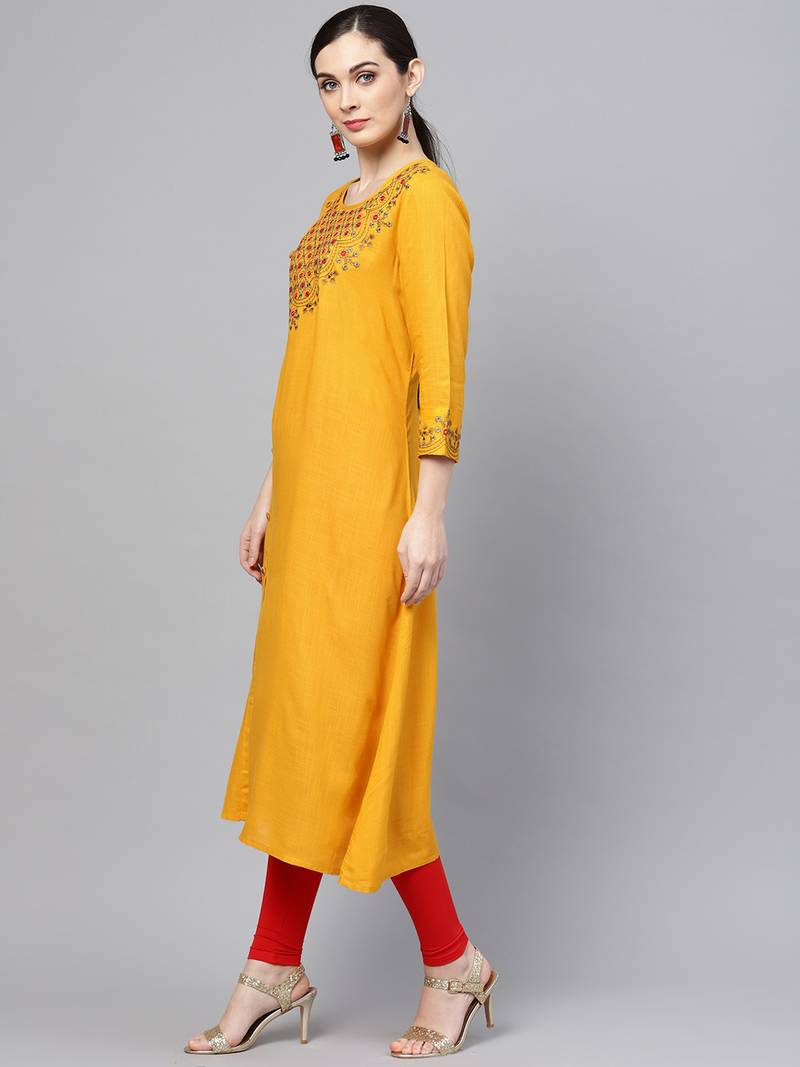Women Mustard Rayon Slub Embroidered Long Kurta