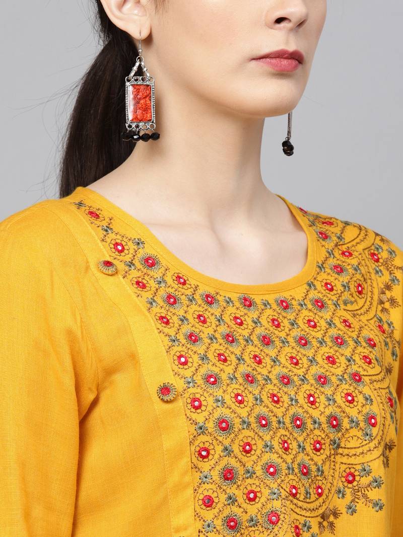 Women Mustard Rayon Slub Embroidered Long Kurta