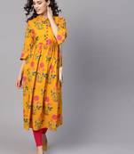 Women Mustard Cotton Printed Anarkali Kurta