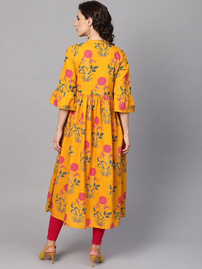Women Mustard Cotton Printed Anarkali Kurta