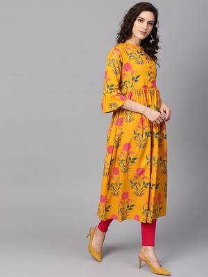 Women Mustard Cotton Printed Anarkali Kurta 3