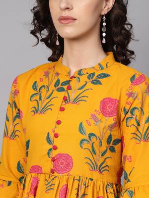 Women Mustard Cotton Printed Anarkali Kurta 4