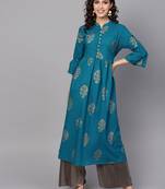 Women Turquoise Blue Cotton Printed Anarkali Kurta