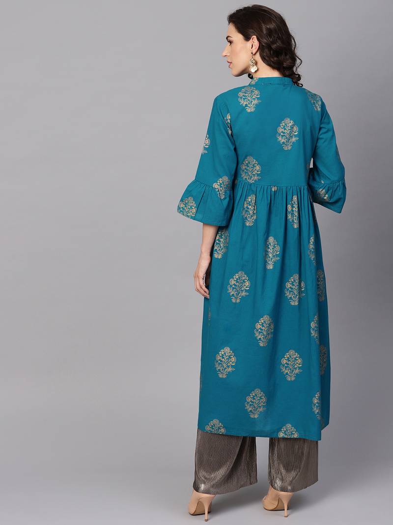 Women Turquoise Blue Cotton Printed Anarkali Kurta