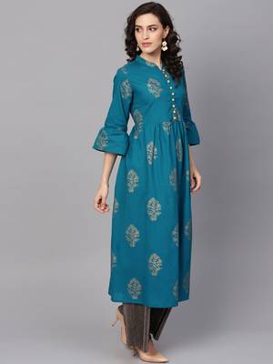 Women Turquoise Blue Cotton Printed Anarkali Kurta 3