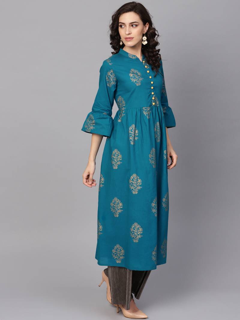 Women Turquoise Blue Cotton Printed Anarkali Kurta