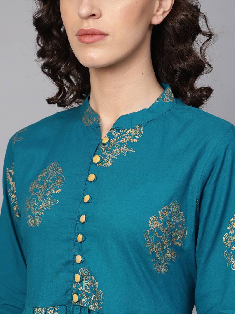Women Turquoise Blue Cotton Printed Anarkali Kurta