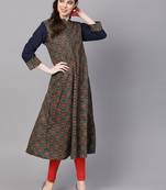 Women Olive Cotton Printed Anarkali Kurta
