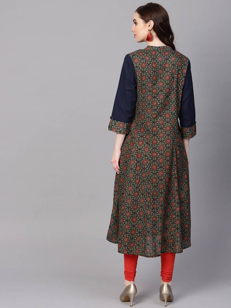 Women Olive Cotton Printed Anarkali Kurta