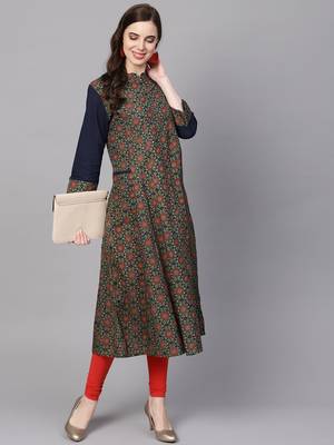 Women Olive Cotton Printed Anarkali Kurta 3