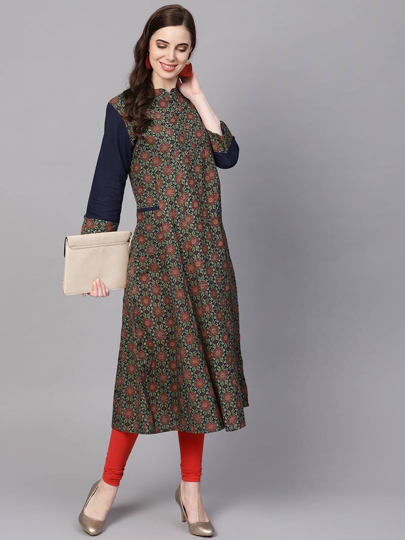 Women Olive Cotton Printed Anarkali Kurta
