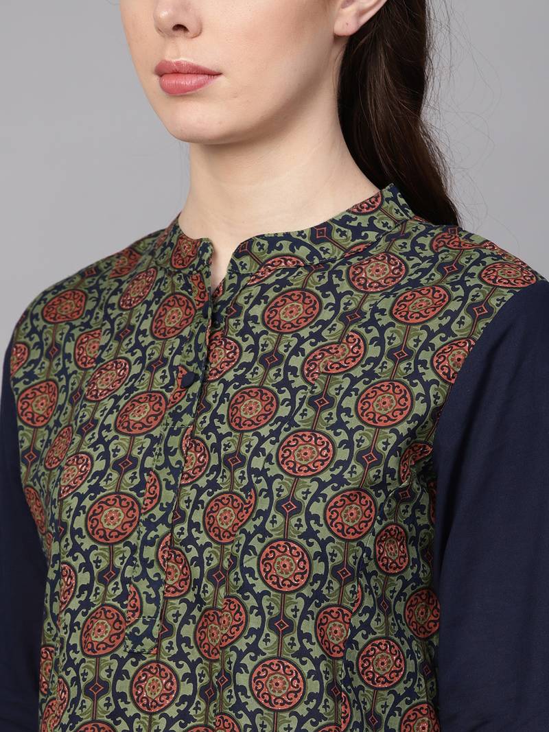 Women Olive Cotton Printed Anarkali Kurta