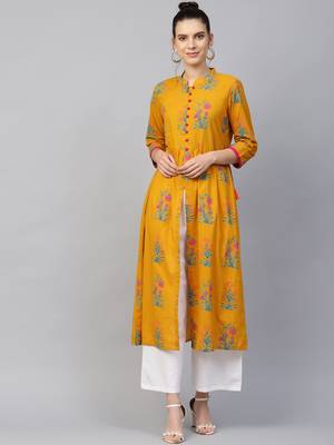 Women Mustard Cotton Printed Long Kurta 1