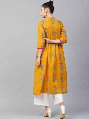Women Mustard Cotton Printed Long Kurta 2