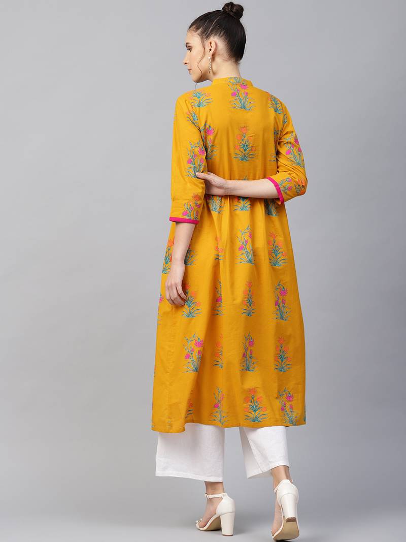 Women Mustard Cotton Printed Long Kurta
