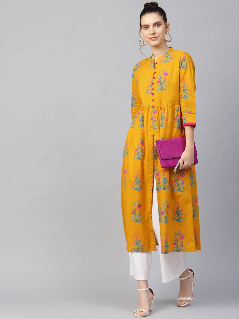 Women Mustard Cotton Printed Long Kurta