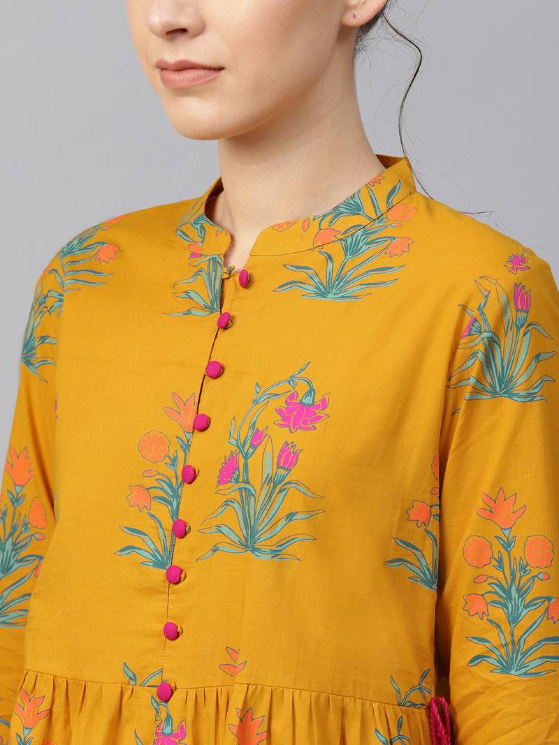 Women Mustard Cotton Printed Long Kurta