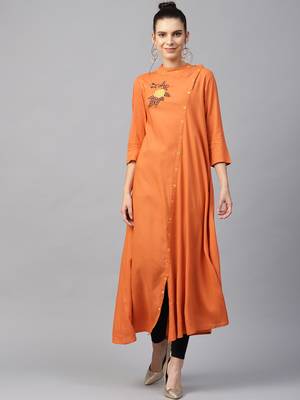 Women Rust Rayon Embroidered Long Kurta 1
