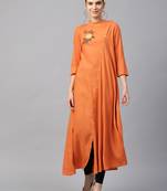 Women Rust Rayon Embroidered Long Kurta