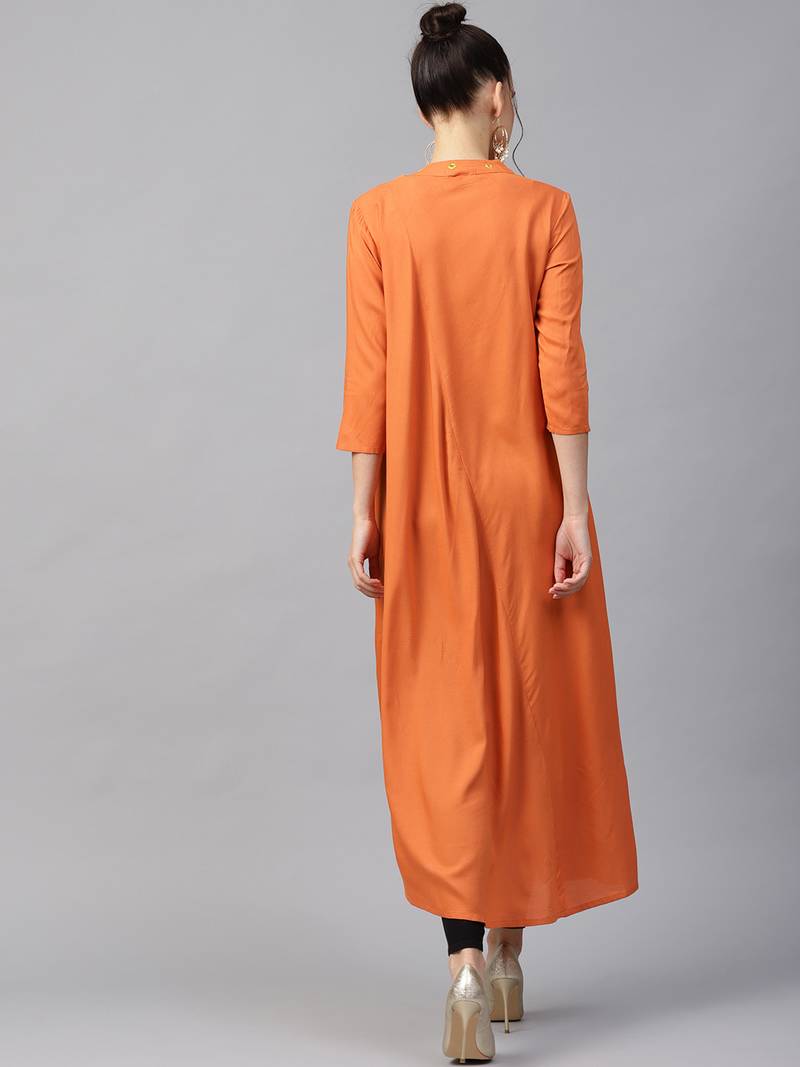 Women Rust Rayon Embroidered Long Kurta