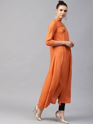 Women Rust Rayon Embroidered Long Kurta 3