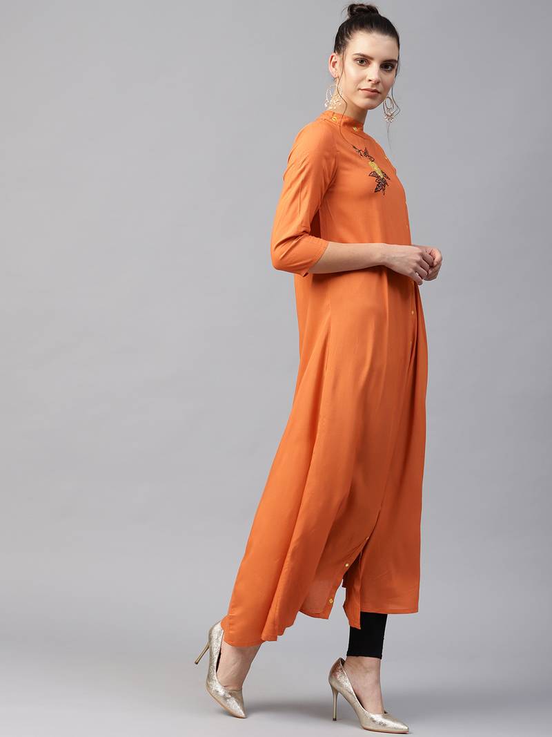 Women Rust Rayon Embroidered Long Kurta