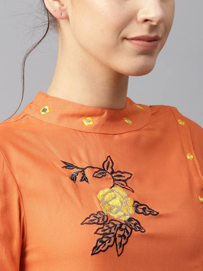 Women Rust Rayon Embroidered Long Kurta