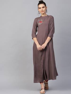 Women Grey Rayon Embroidered Long Kurta 1